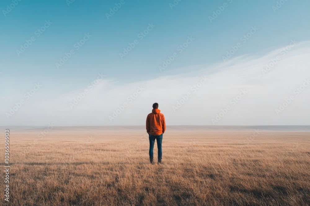 Solitary Figure in Red Jacket Standing in Vast Open Field Under Clear Blue Sky Solitary Figure in Red Jacket Standing in Vast Open Field Under Clear Blue Sky
