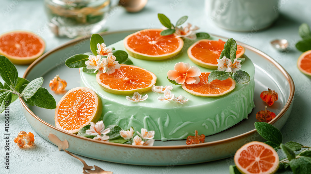 Delightful green cake topped with orange slices and flowers, perfect for celebrations Delightful green cake topped with orange slices and flowers, perfect for celebrations