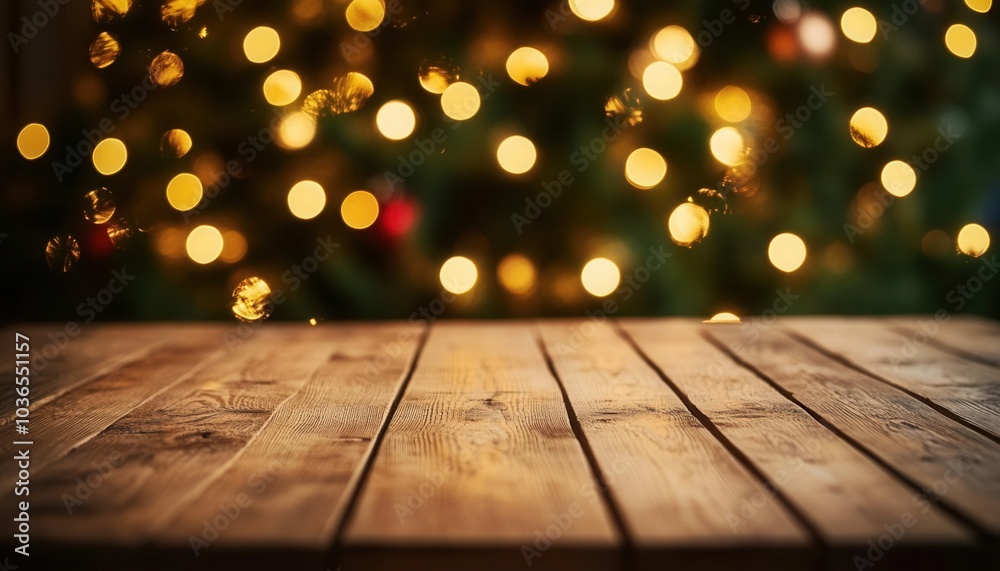 The wooden tabletop with blurred Christmas tree and twinkling lights in the background, soft warm glow, festive holiday atmosphere, shallow depth of field, inviting cozy scene The wooden tabletop with blurred Christmas tree and twinkling lights in the background, soft warm glow, festive holiday atmosphere, shallow depth of field, inviting cozy scene