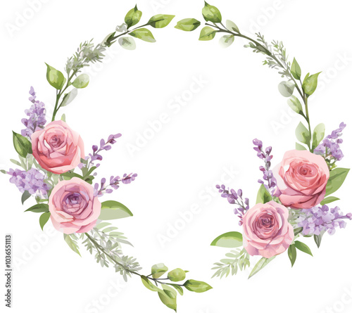 Watercolor Floral Wreath with Pink Roses