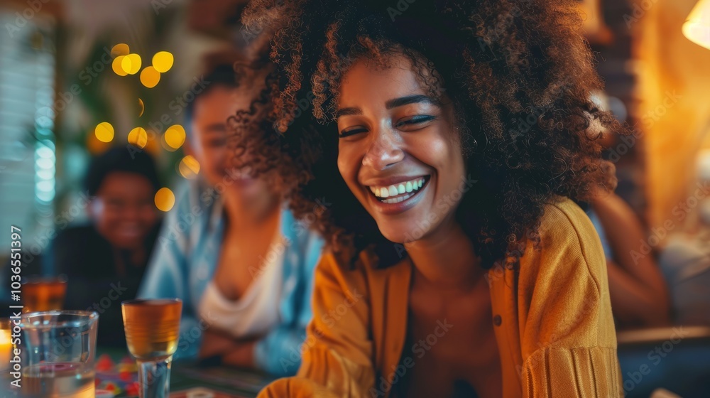 Playful Afro woman enjoying a game night with friends. Playful Afro woman enjoying a game night with friends.