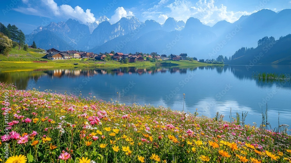 Obraz premium A serene mountain lake scene with wildflowers in bloom.