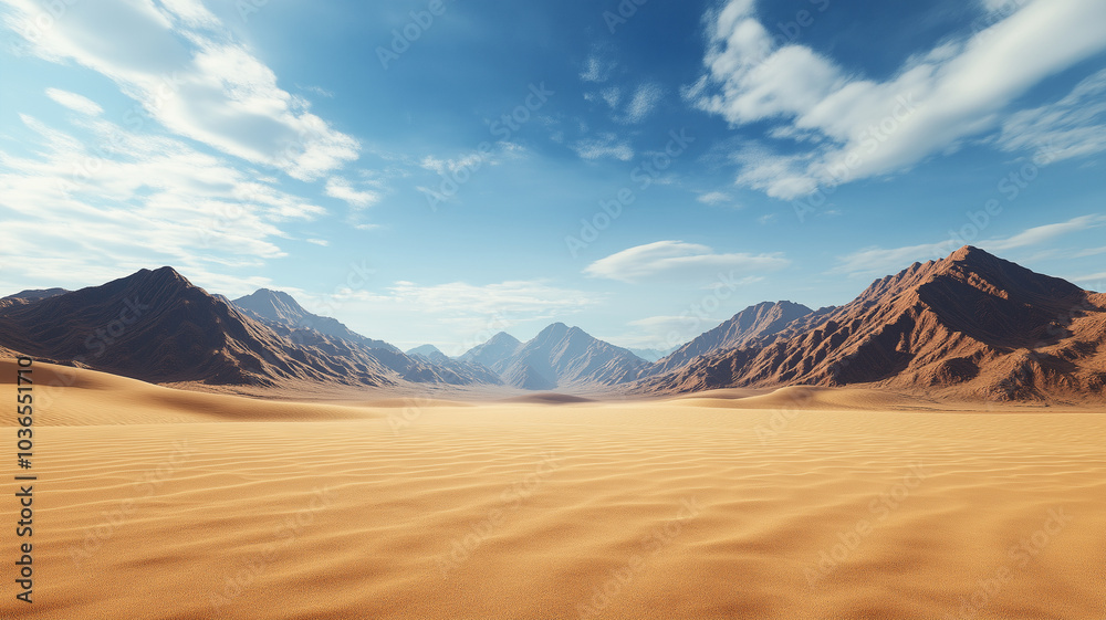 vast desert landscape with rolling sand dunes and distant mountains under bright blue sky vast desert landscape with rolling sand dunes and distant mountains under bright blue sky