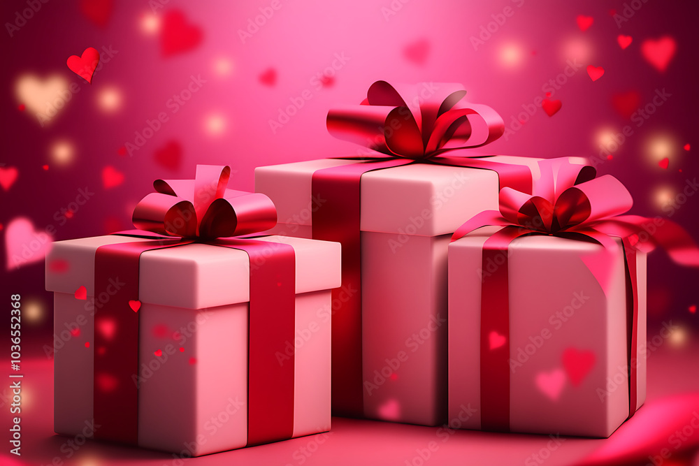Three pink gift boxes with red ribbons on a vibrant pink background filled with hearts. Three pink gift boxes with red ribbons on a vibrant pink background filled with hearts.