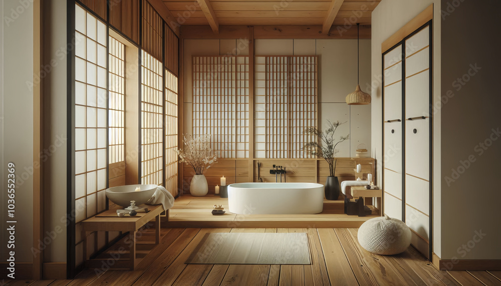 Fototapeta premium Minimalist bathroom with wood, bamboo, a soaking tub, and shoji screens for a serene, spa-like environment.