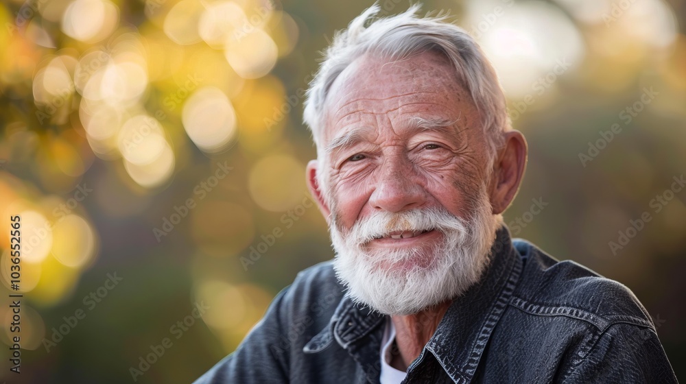 Portrait of a Smiling Elderly Man with a White Beard in a Sunlit Outdoor Setting Portrait of a Smiling Elderly Man with a White Beard in a Sunlit Outdoor Setting