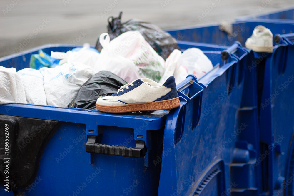 Sports sneakers in a trash container