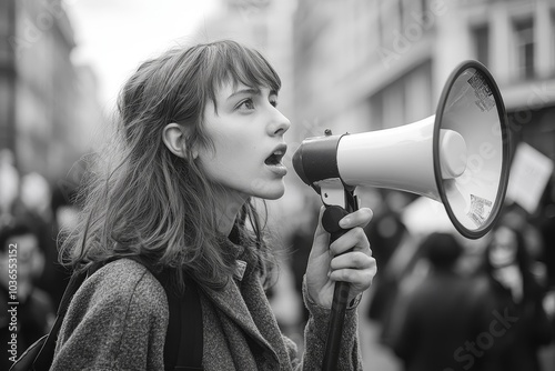 Woman in a street demonstration with a megaphone, Generative AI