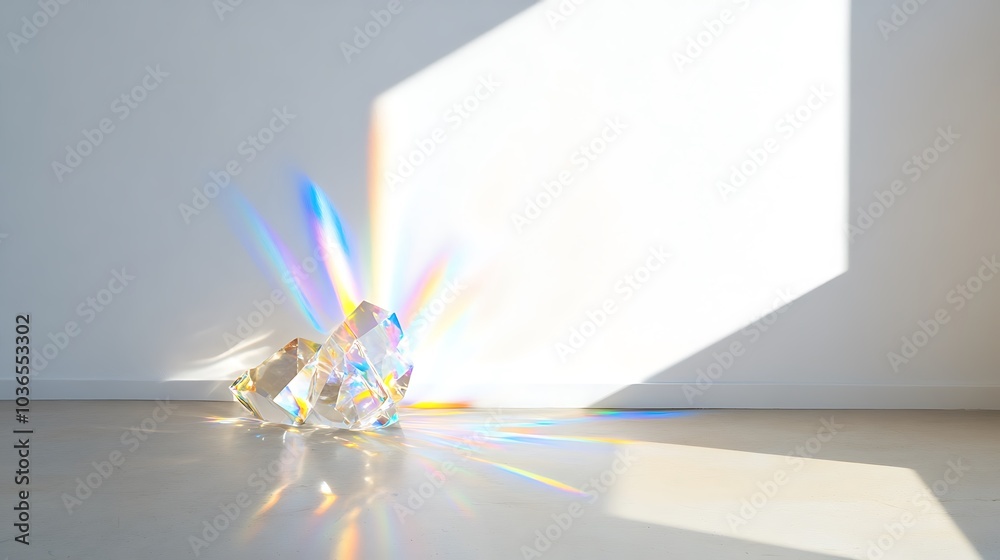 Crystal prism burst with rainbow light refraction spreading across a white wall