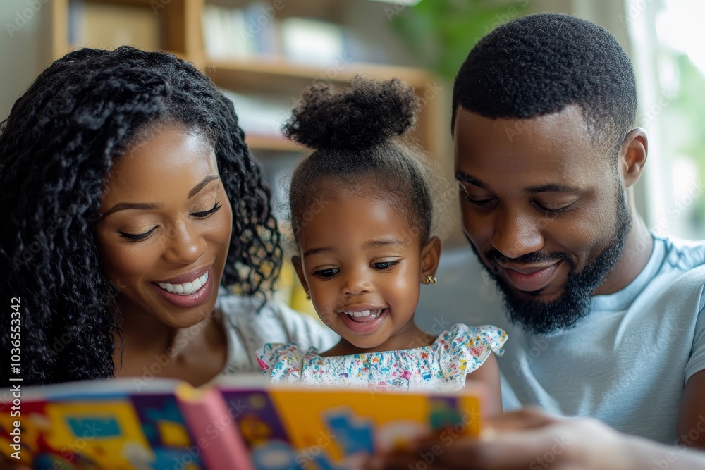 Happy little girl reading a story with her mom and dad, Generative AI