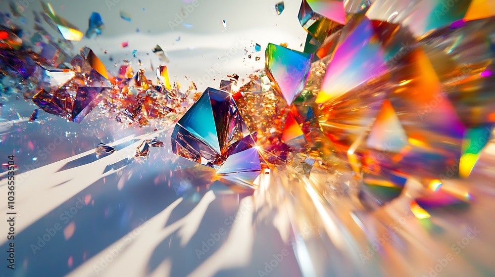 Abstract burst of rainbow light refracted from a crystal prism on a white surface Abstract burst of rainbow light refracted from a crystal prism on a white surface