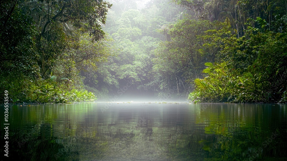 A serene river flows through a dense, misty jungle. A serene river flows through a dense, misty jungle.