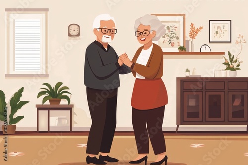 Senior couple dancing at home, Generative AI