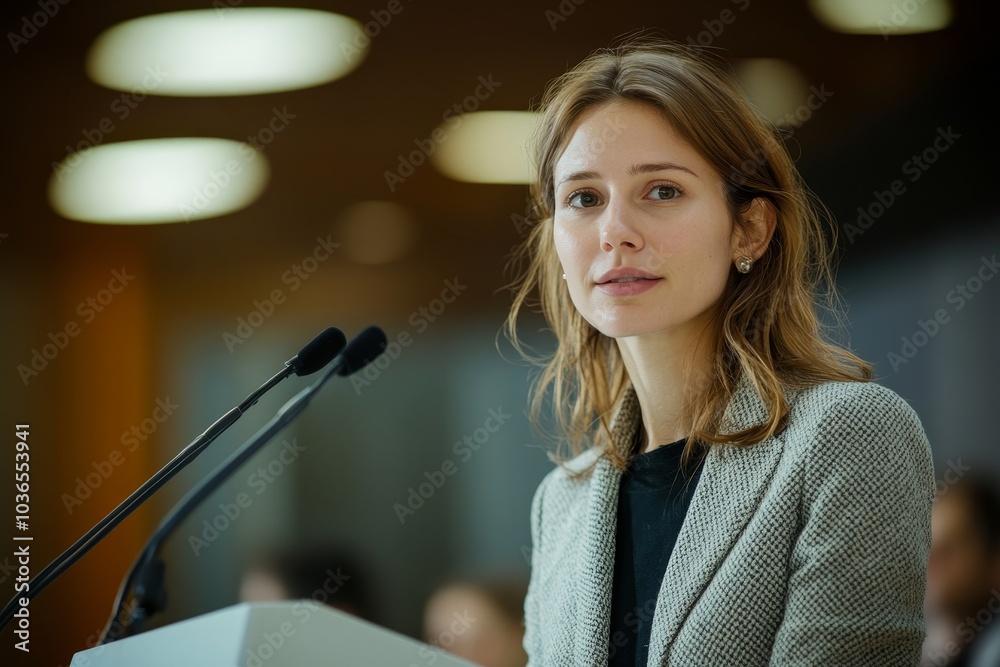 Businesswoman speaking from a podium, Generative AI