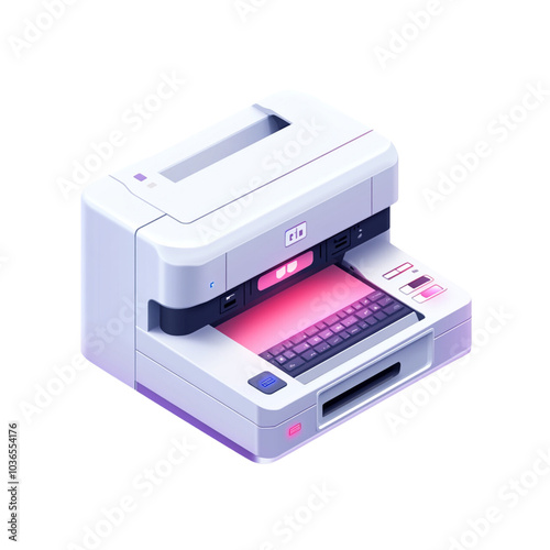 Isometric illustration of a modern printer. A sleek, white printer with a futuristic design is depicted in a 3D style. The printer features a large, rectangular body with a flat top, a front panel wit