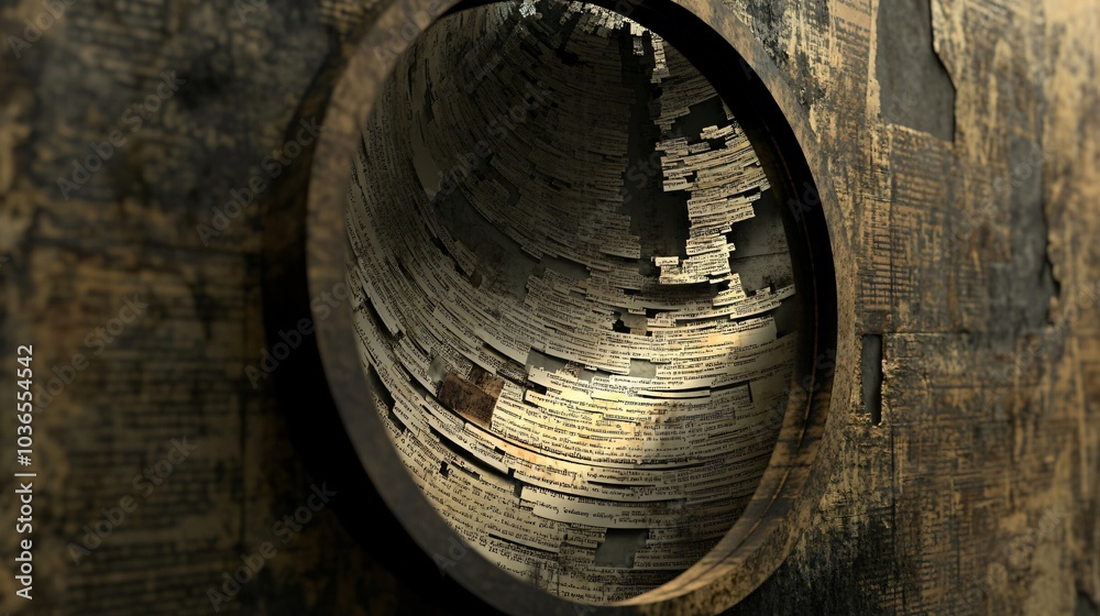 A circular opening in a weathered, textured wall reveals an abstract, swirling pattern of text and lines. A circular opening in a weathered, textured wall reveals an abstract, swirling pattern of text and lines.
