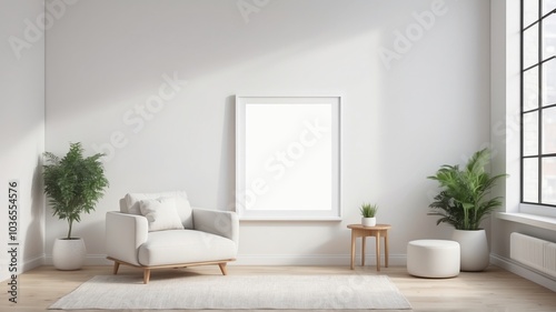 minimalist living room with a white sofa, a large framed blank canvas, a potted plant, and a neutral color palette. A modern and stylish interior design concept.