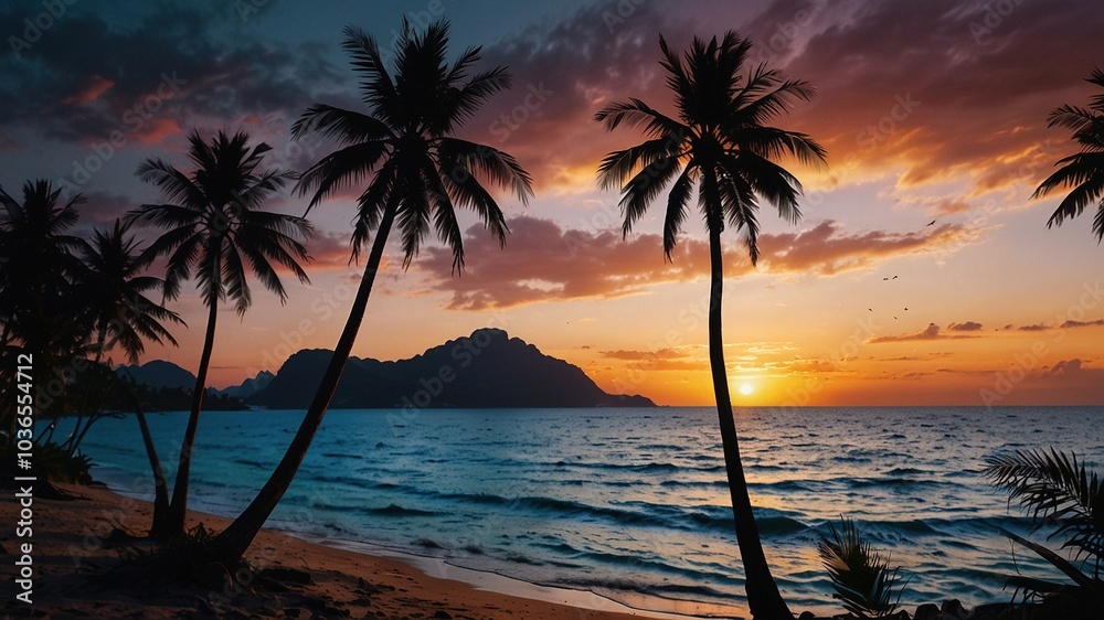 Bask in island bliss on a pristine white beach, enveloped by verdant palm trees.