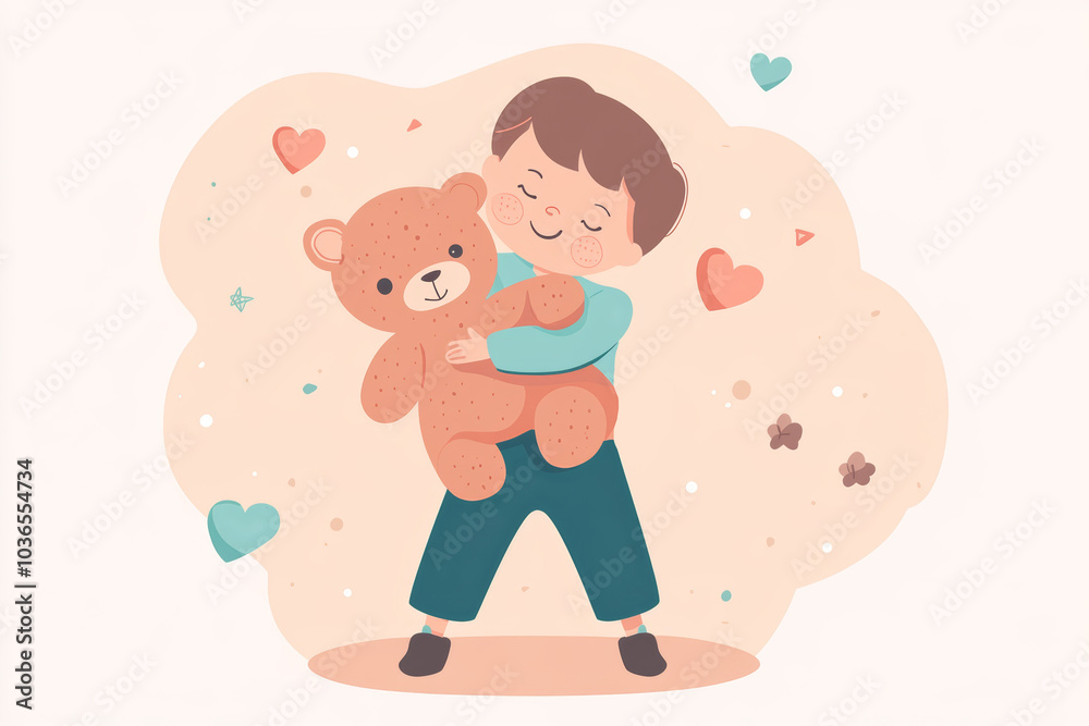 A joyful child hugging a teddy bear surrounded by hearts and stars in a soft pastel illustration A joyful child hugging a teddy bear surrounded by hearts and stars in a soft pastel illustration