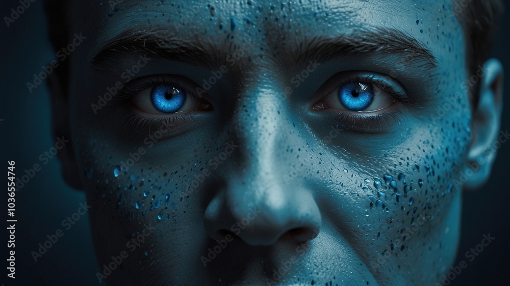 Blue-hued android countenance adorned with vibrant optics against a cerulean backdrop. Blue-hued android countenance adorned with vibrant optics against a cerulean backdrop.