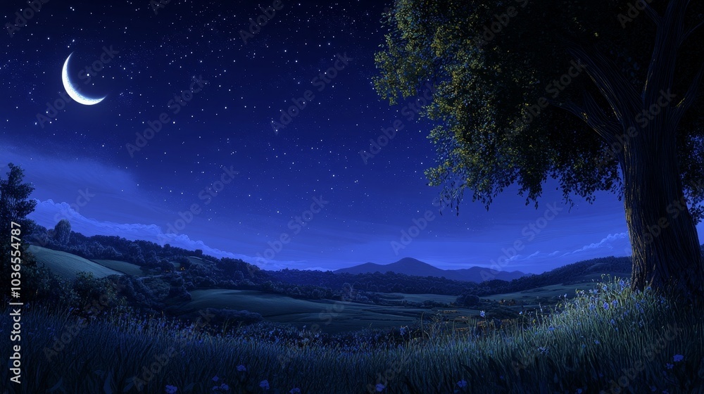 Fototapeta premium A serene night landscape with a crescent moon, stars, and a tree overlooking gentle hills.