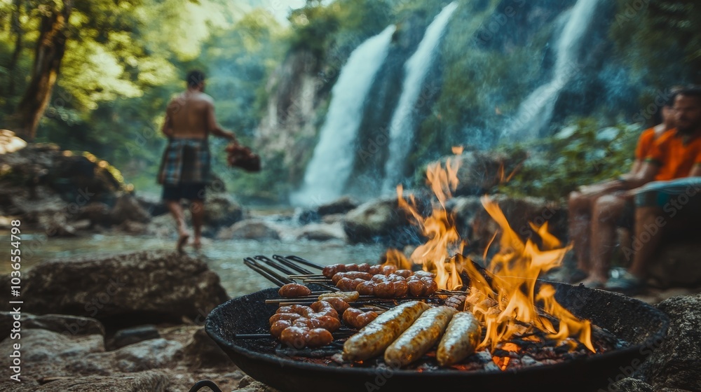 Fototapeta premium Campfire Feast by a Waterfall.
