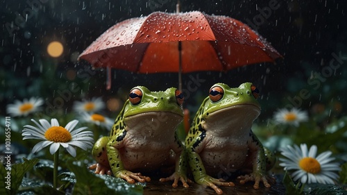 Beneath daisy's shelter, frogs find solace from raindrops. photo