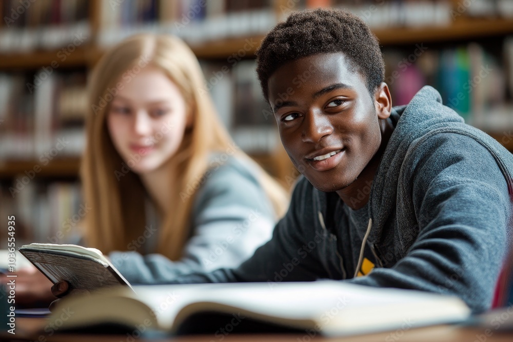 Multiracial students studying together in a library, Generative AI Multiracial students studying together in a library, Generative AI