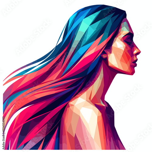 woman with long, colorful hair is the main focus of the image. The hair is styled in a way that makes it appear as if it is flowing in the wind