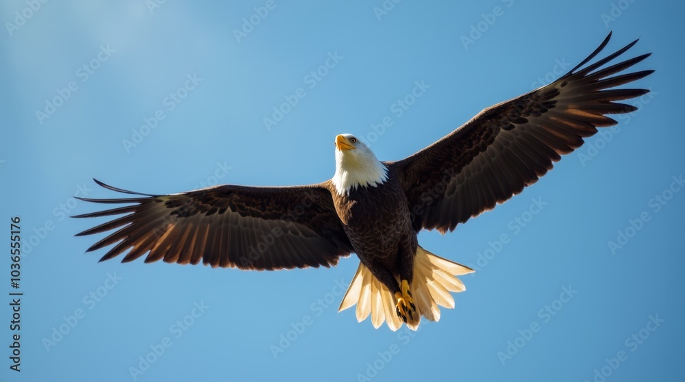 Fototapeta premium A close-up shot of a bald eagle soaring through a clear blue sky, wings fully spread, focusing on the sharp details of its feathers.