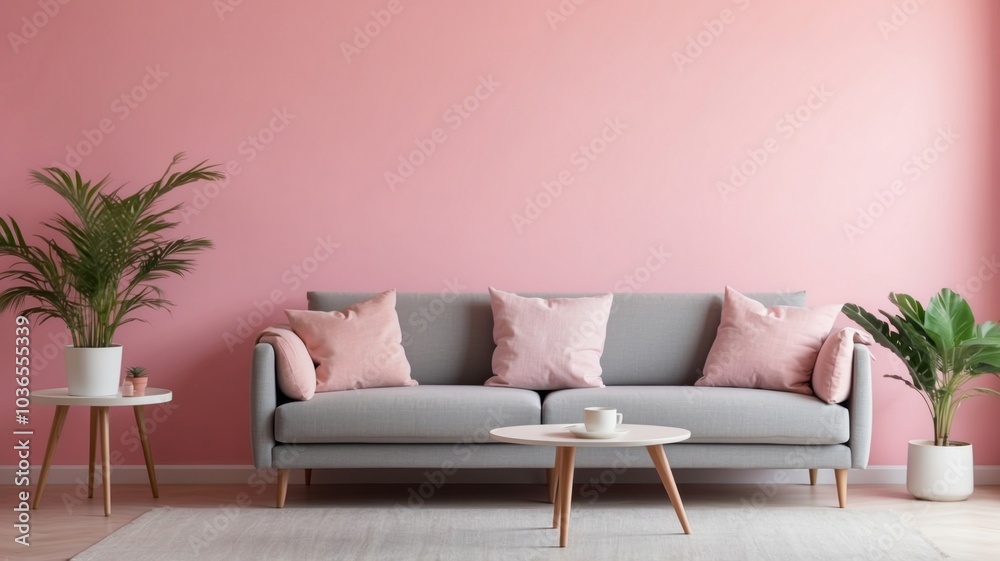 Elegant Gray Sofa in Modern Living Room With Pink Accent Wall and Indoor Plants Elegant Gray Sofa in Modern Living Room With Pink Accent Wall and Indoor Plants
