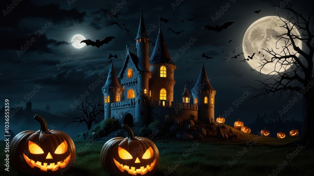 A spooky castle with glowing windows under a full moon, surrounded by jack-o-lanterns and bats flying in the night sky. A spooky castle with glowing windows under a full moon, surrounded by jack-o-lanterns and bats flying in the night sky.
