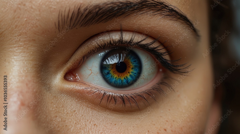 Fototapeta premium Mesmerizing macro capture of an eye pierced with intricate eyebrow jewelry, revealed through a drone's lens.