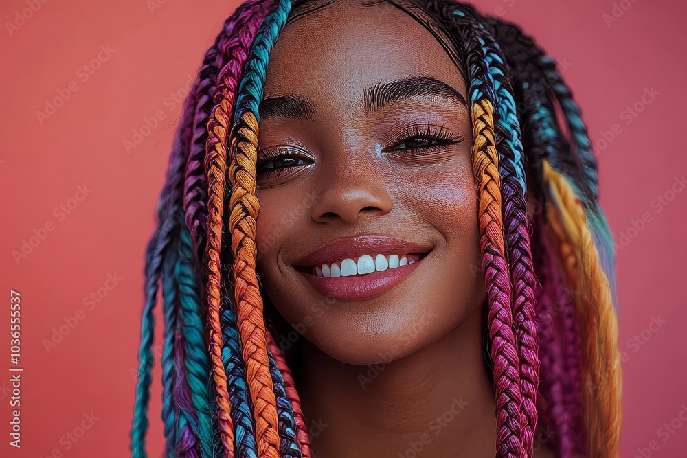 Happy smiling woman with vibrant two-tone braids in colorful studio, Generative AI Happy smiling woman with vibrant two-tone braids in colorful studio, Generative AI