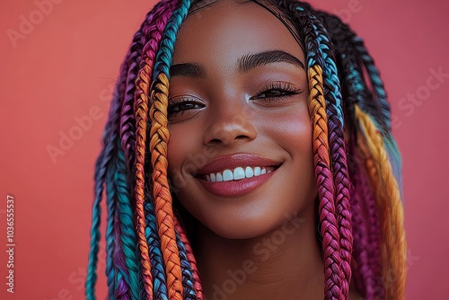 Happy smiling woman with vibrant two-tone braids in colorful studio, Generative AI