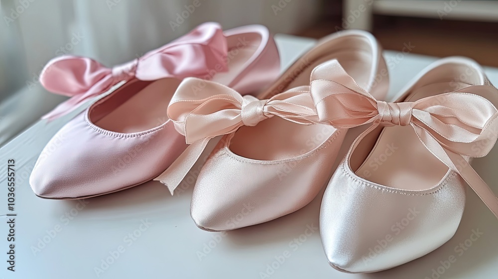 Two pairs of light pink satin ballet flats with bows Two pairs of light pink satin ballet flats with bows