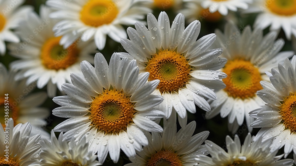 Fototapeta premium Pristine white daisies adorned with vibrant yellow hearts, captured in breathtaking clarity.