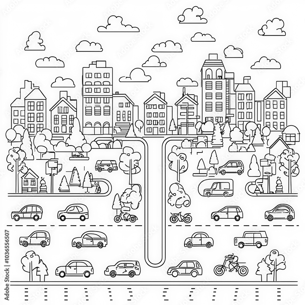 A bustling city street with cars and bicycles, coloring page for kids, simple outline illustration. Coloring book, simple lines. A bustling city street with cars and bicycles, coloring page for kids, simple outline illustration. Coloring book, simple lines.