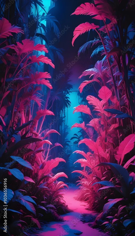 Neon jungle with abstract flora and fauna in vivid dreamlike colors Neon jungle with abstract flora and fauna in vivid dreamlike colors