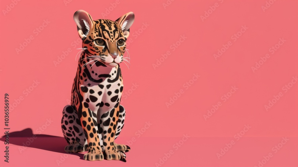 Fototapeta premium Minimalist 3D Ocelot on Pink Background