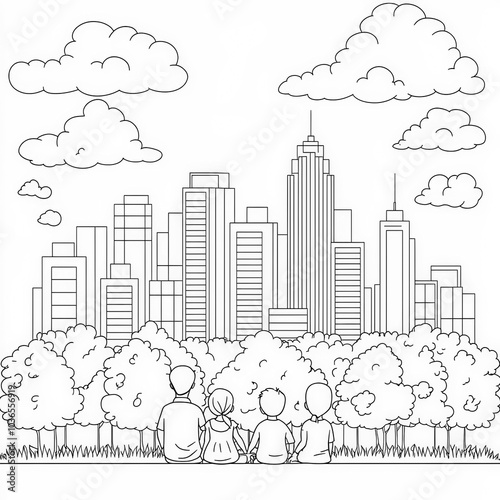 A city park with families e...