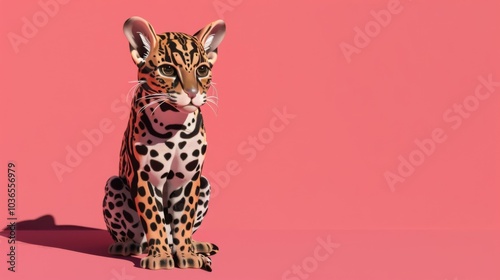 Minimalist 3D Ocelot on Pink Background