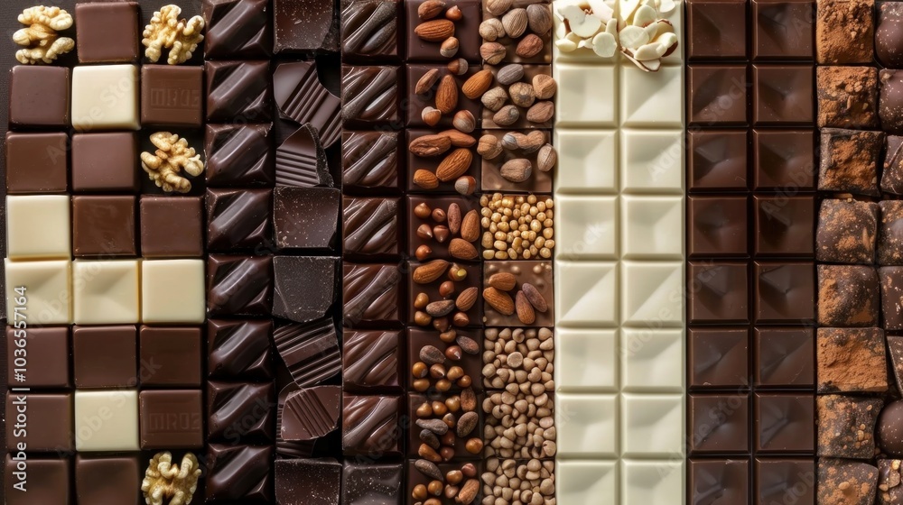 Assortment of Chocolate Bars with Nuts, Cocoa Powder, and White Chocolate Assortment of Chocolate Bars with Nuts, Cocoa Powder, and White Chocolate