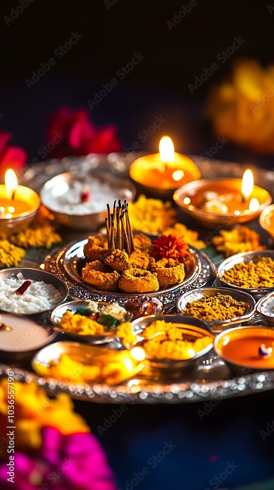 13. Close-up of a beautifully decorated silver thali (plate) with diyas, incense, and sweets, 13. Close-up of a beautifully decorated silver thali (plate) with diyas, incense, and sweets,