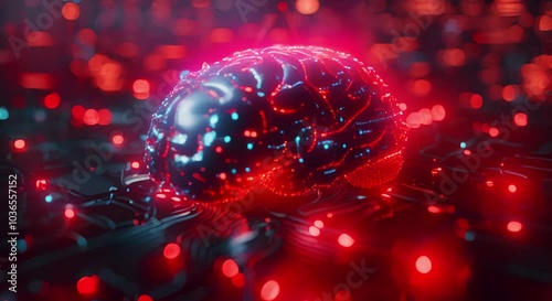 Vibrant red and colorful sparkling light in human brain for science in futuristic technology