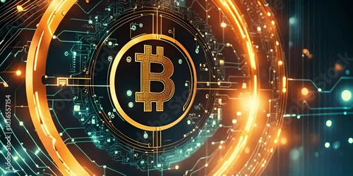 bitcoin in sparkling golden light with futuristic technology