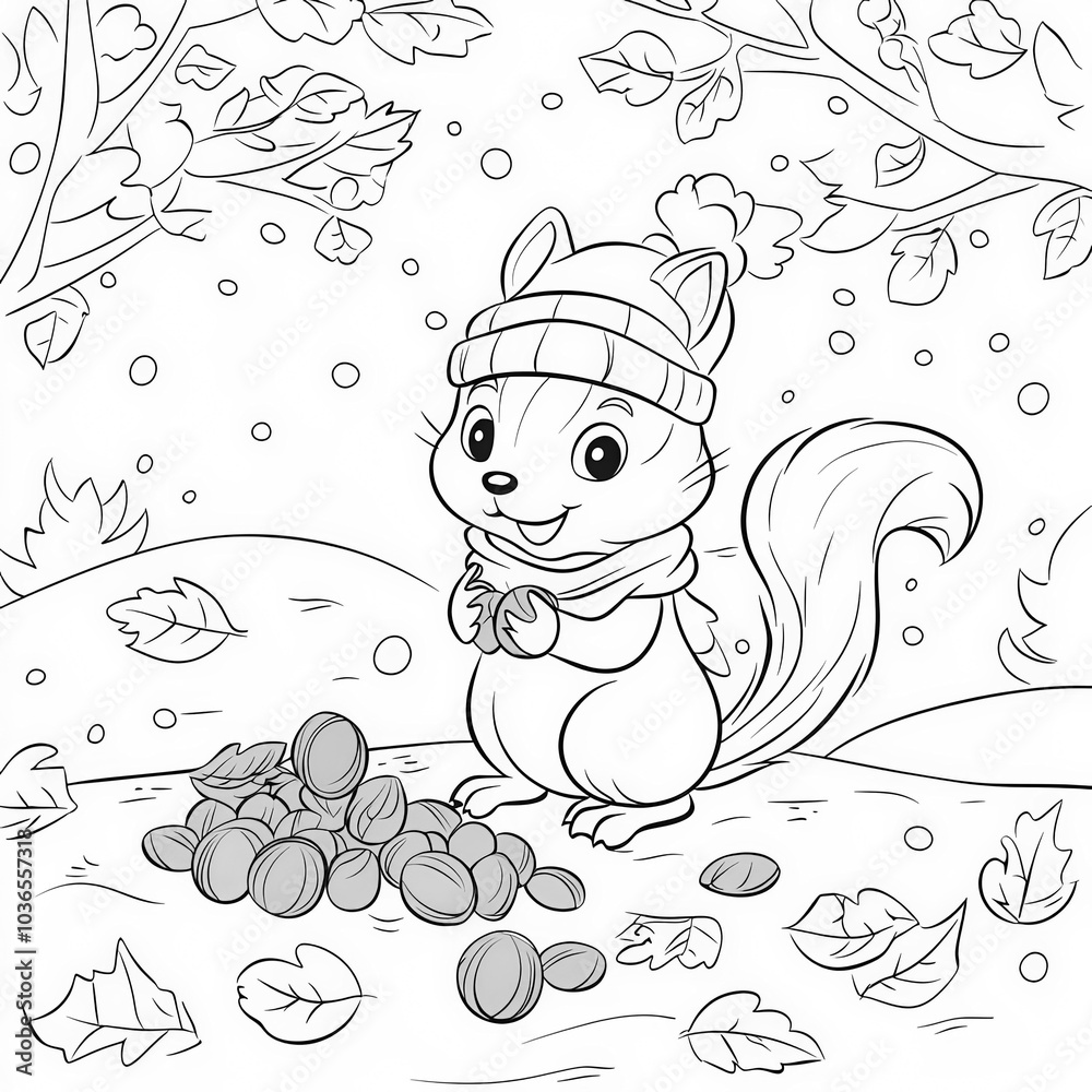Fototapeta premium A cute squirrel gathering nuts for winter, coloring page for kids, simple outline illustration. Coloring book, simple lines.