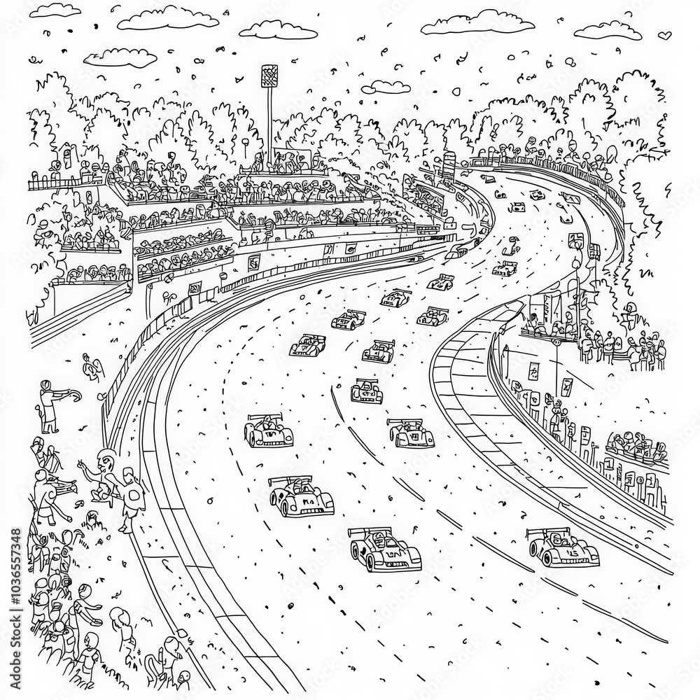 Fototapeta premium A day at the race track with cars and fans, coloring page for kids, simple outline illustration. Coloring book, simple lines.