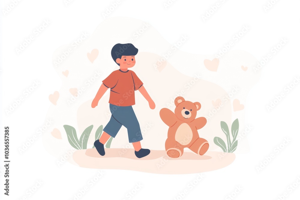 A young boy happily walks with a teddy bear through a light, nature-themed background in a playful, cheerful setting A young boy happily walks with a teddy bear through a light, nature-themed background in a playful, cheerful setting