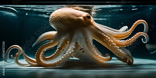 Squid or octopus and sea life in the aquarium